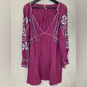 Free People All My Life Purple Embroidered Boho V-Neck Dress Size Medium